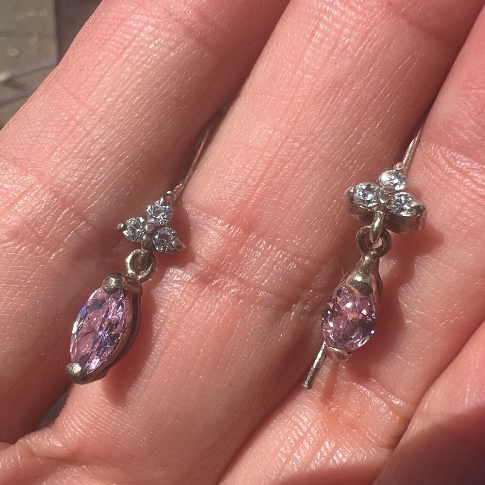 Vintage Pink & White Topaz Sterling Silver Drop Earrings Faceted Marquis